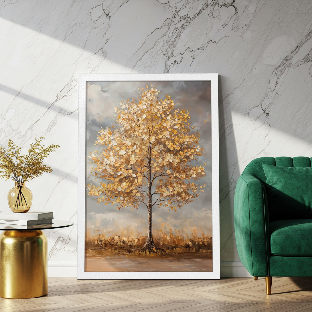 Framed Poster featuring a golden tree painting. Elegant, impressionistic style with a warm, neutral color palette. Perfect wall art for your home.