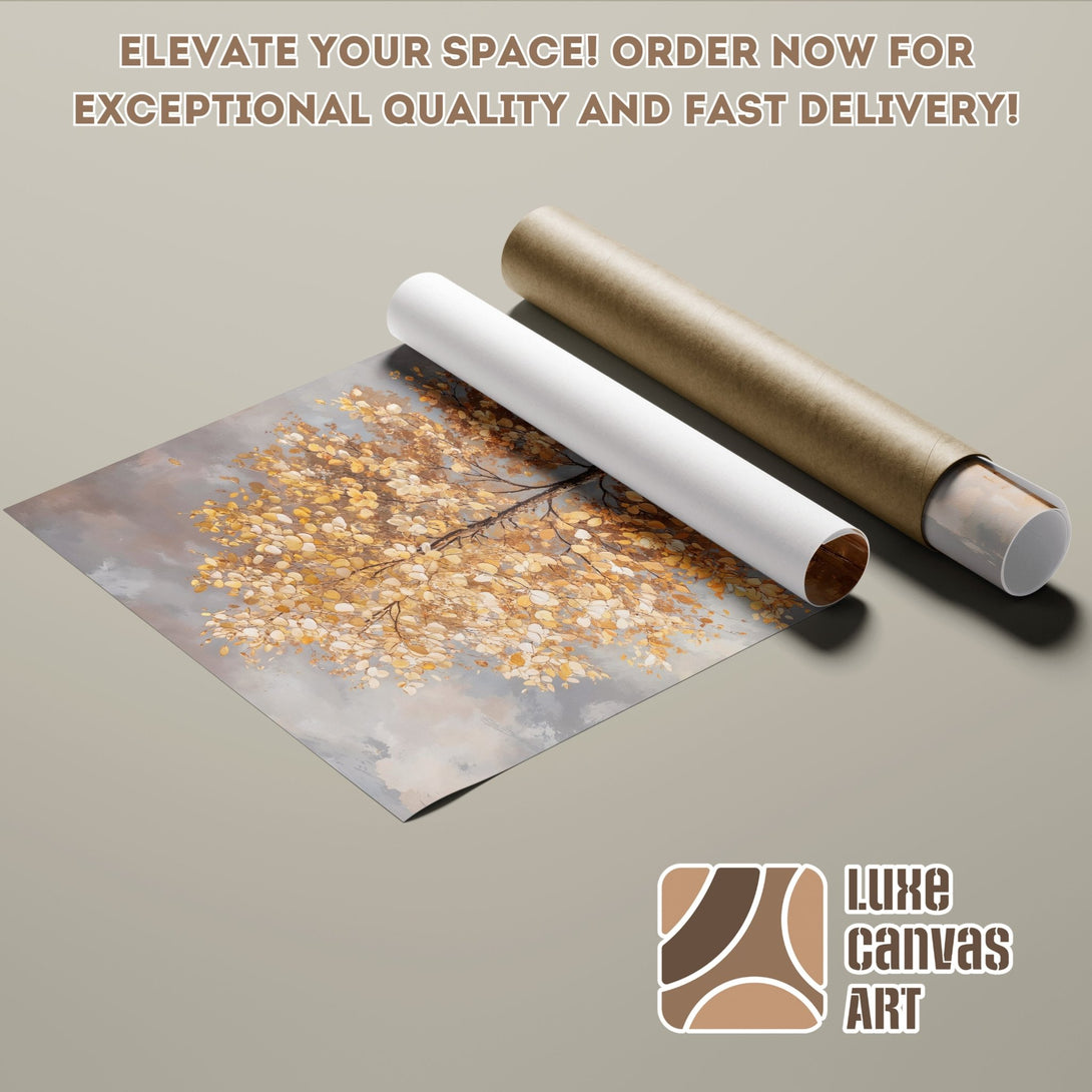 Poster Roll featuring an abstract tree art print in warm gold and gray tones. Elevate your space with Luxe Canvas Art!