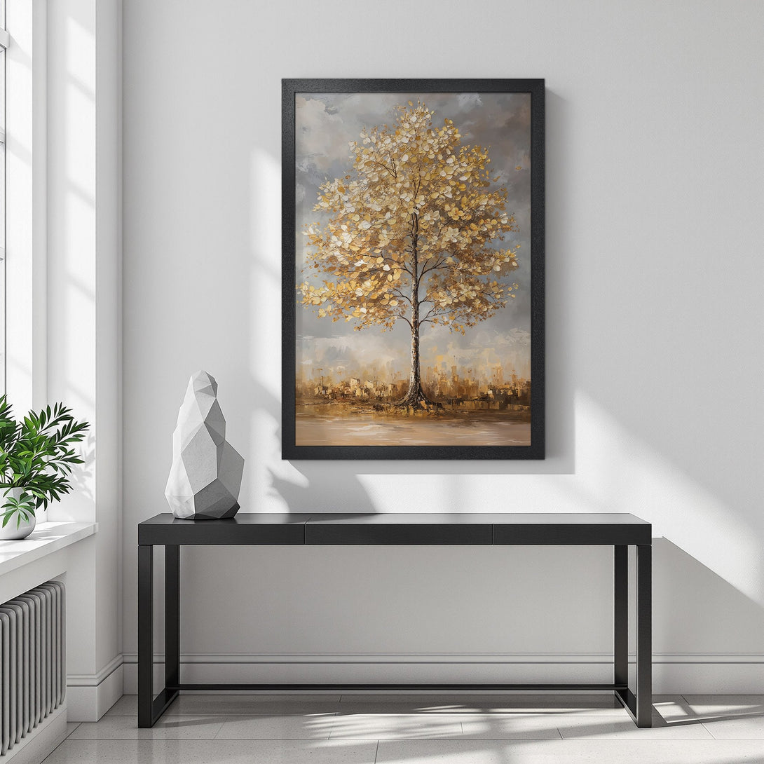 Framed Poster of a golden tree painting. Artistic style, warm gold and grey color palette. Perfect wall art for your home.