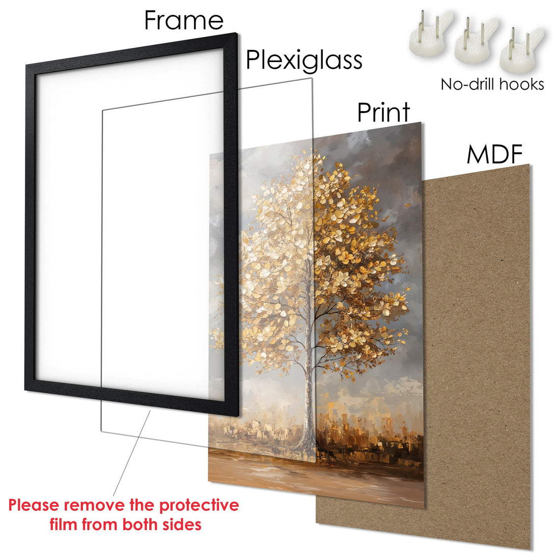 Framed Poster featuring an abstract tree in gold and gray tones. Enhance your space with this beautiful wall art!