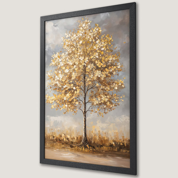Framed Poster featuring a golden tree painting in an impressionistic style with a warm, neutral color palette. Perfect wall art!