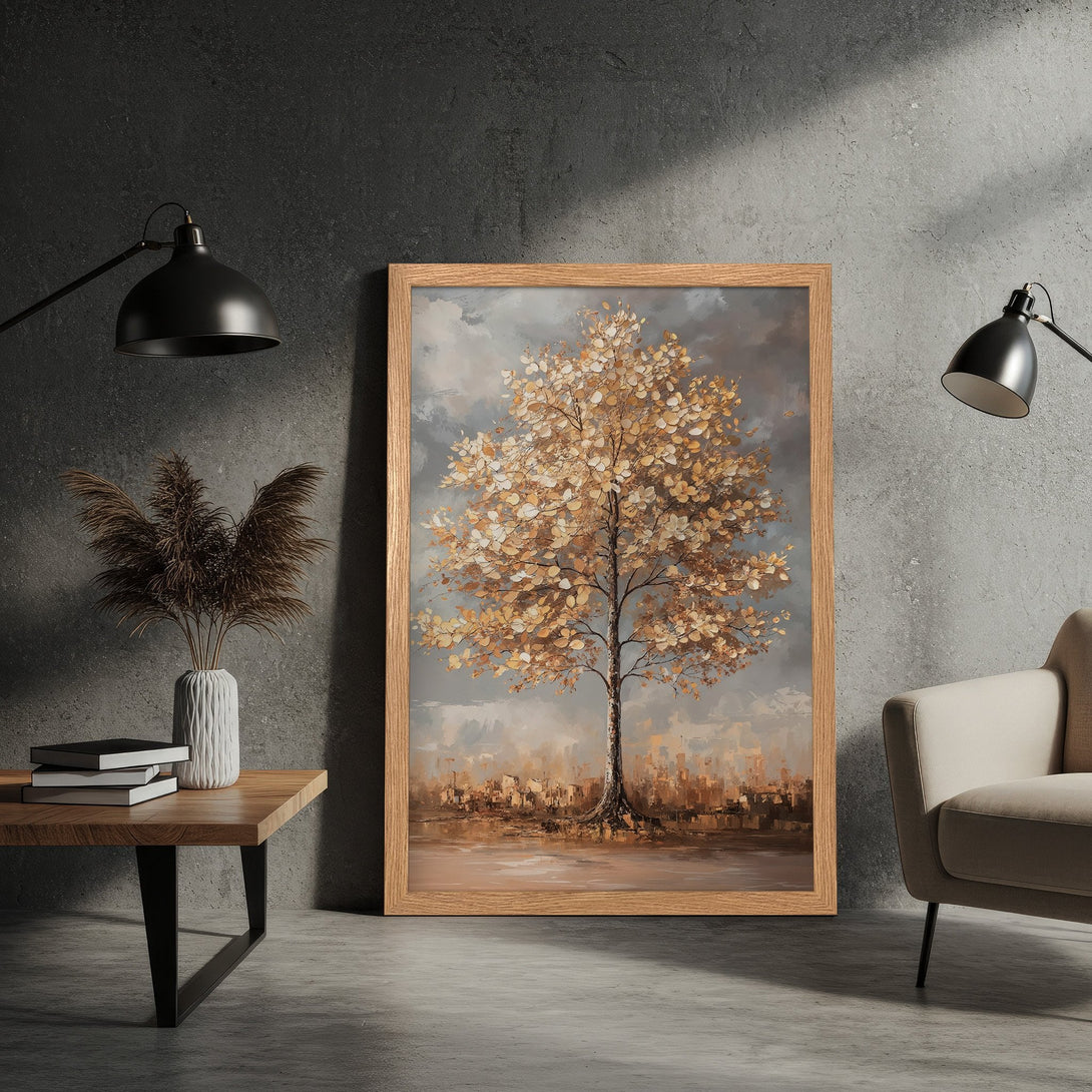 Framed Poster featuring a tree painting in a warm, neutral color palette. Perfect art for your home decor!