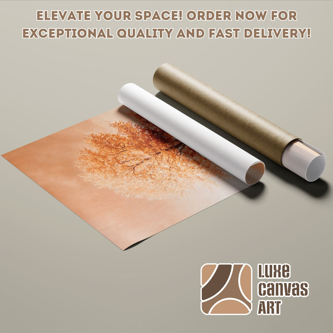 Poster Roll featuring an autumn tree art print in warm orange tones. Elevate your space!