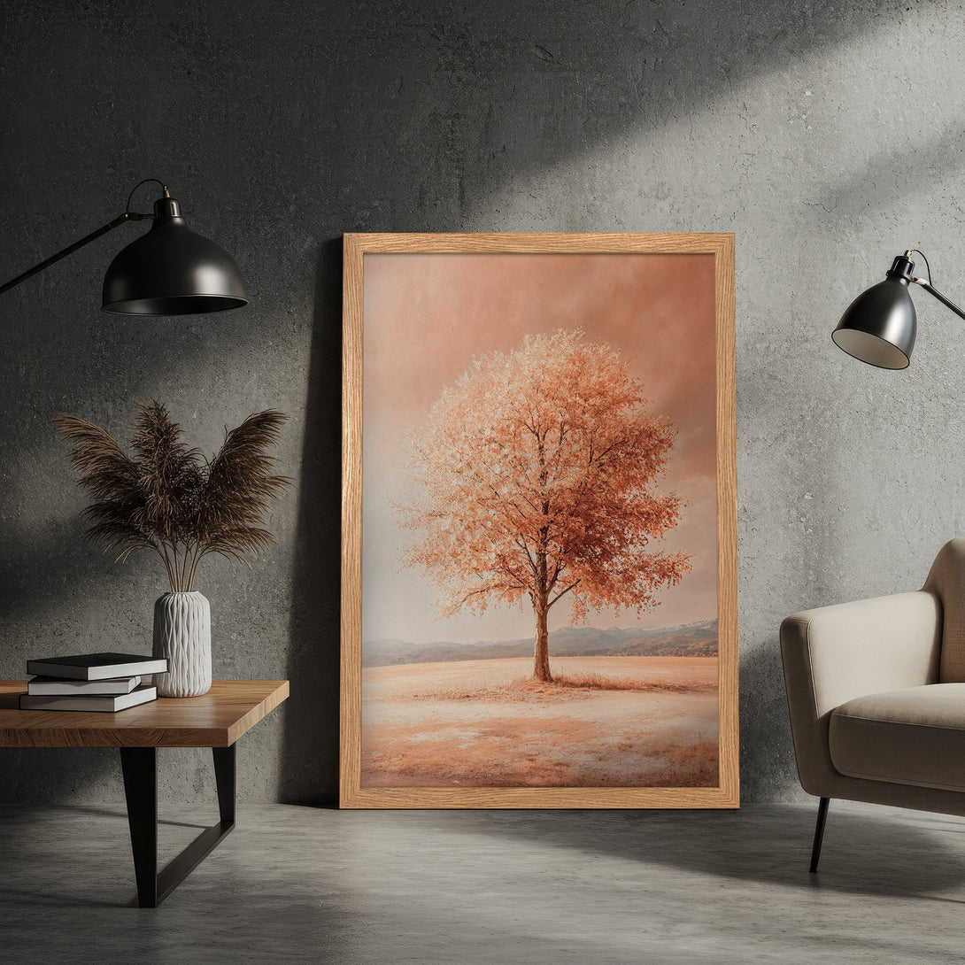 Framed Poster featuring a serene tree landscape in warm earth tones. Perfect wall art for a cozy, minimalist aesthetic.