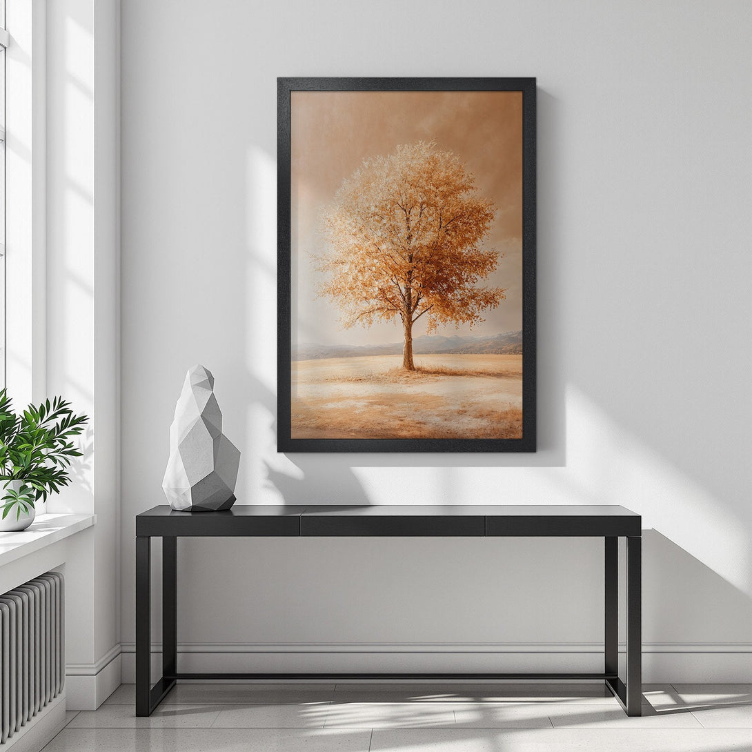 Framed Poster of a tree in sepia tones. Elegant art print for home decor. Warm, earthy color palette.