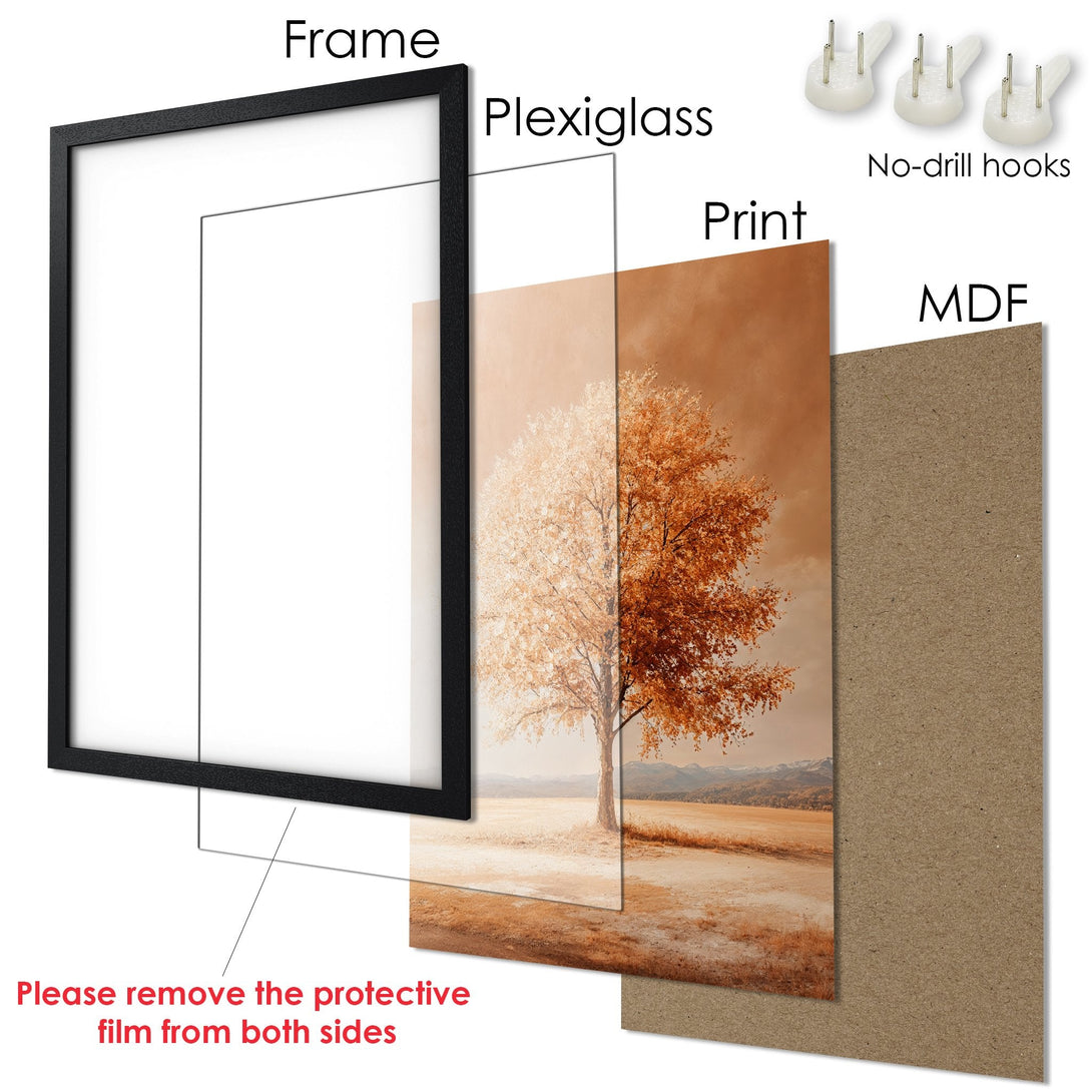 Framed Poster featuring a serene tree landscape in warm sepia tones. Perfect for adding a touch of nature to your home.