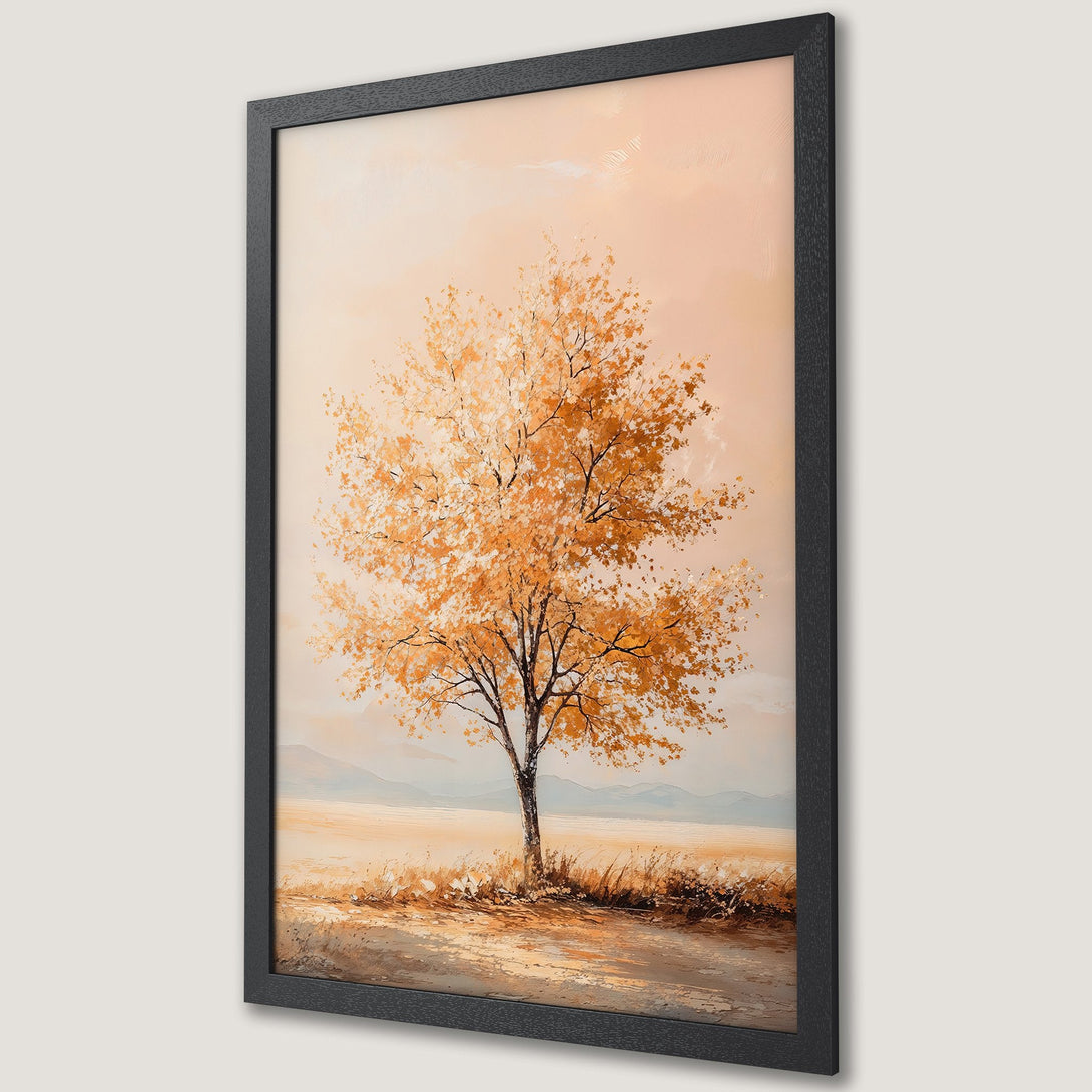 Framed Poster featuring an autumn tree painting in warm orange and brown tones, perfect for cozy decor.