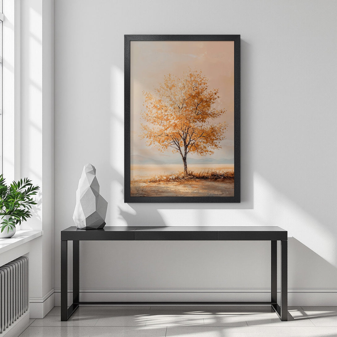 Framed Poster featuring a serene landscape tree art print. Warm orange and beige color palette, perfect for home decor.