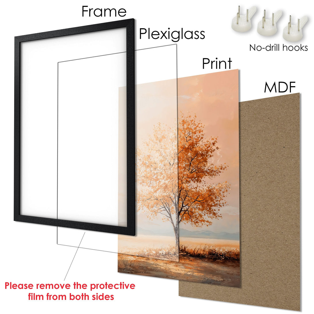 Framed Poster featuring a tree in an impressionist style with warm orange and brown tones. Perfect wall art!