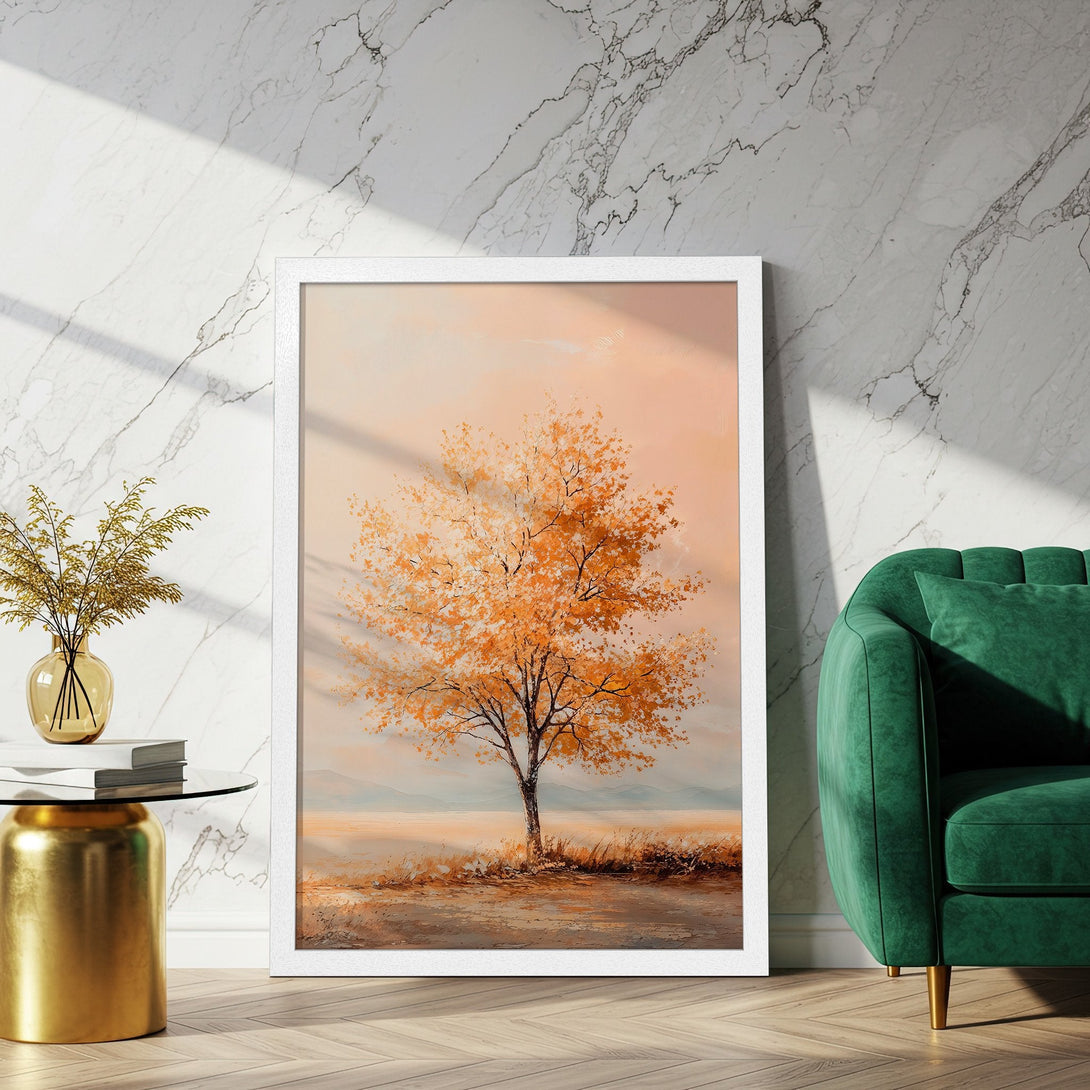 Framed Poster featuring an autumn tree art print in warm orange and beige tones. Perfect for adding a touch of nature to your home.