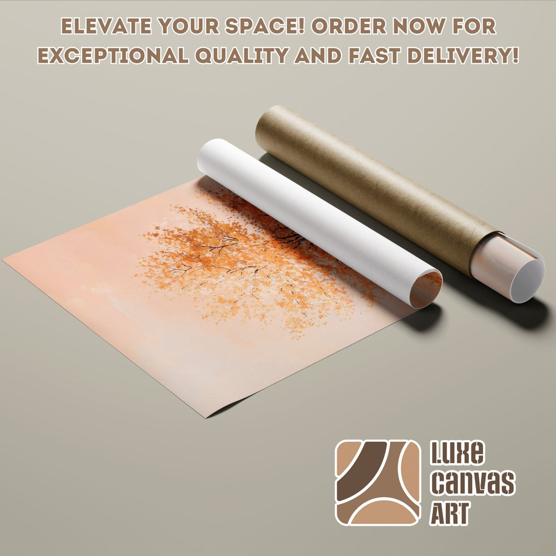 Poster Roll of an abstract tree art print in warm orange and beige tones. Elevate your space!