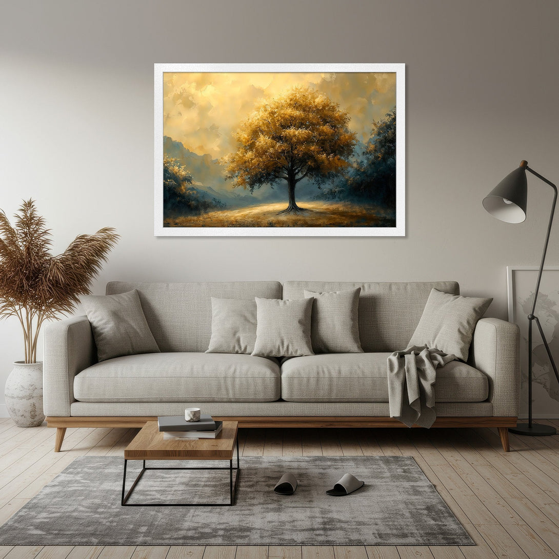 Framed Poster of a golden tree landscape, art print in warm yellow and blue tones, perfect for home decor.
