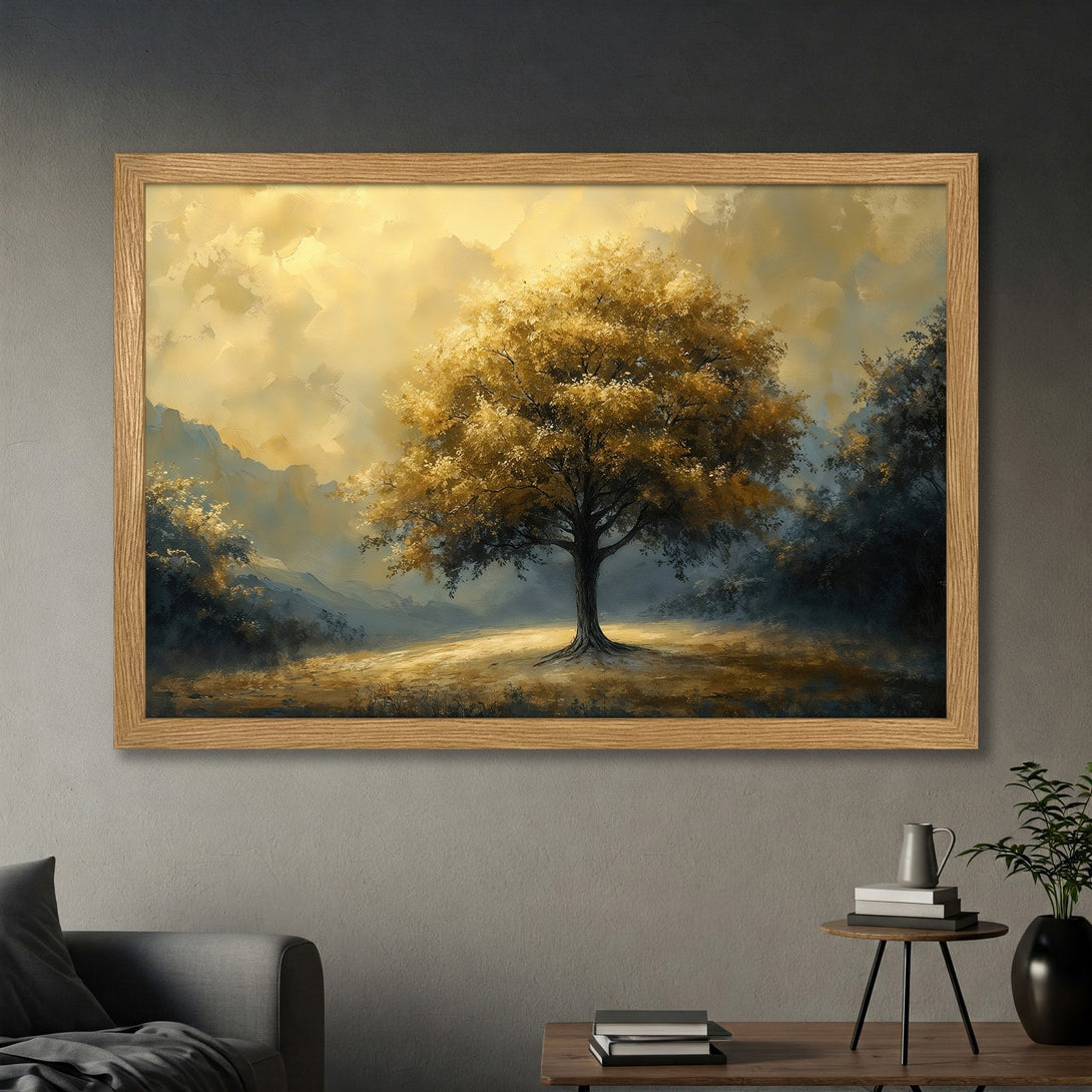 Framed Poster of a golden tree in a landscape. Artistic style with warm yellow, brown, and blue tones. Perfect wall art for your home.