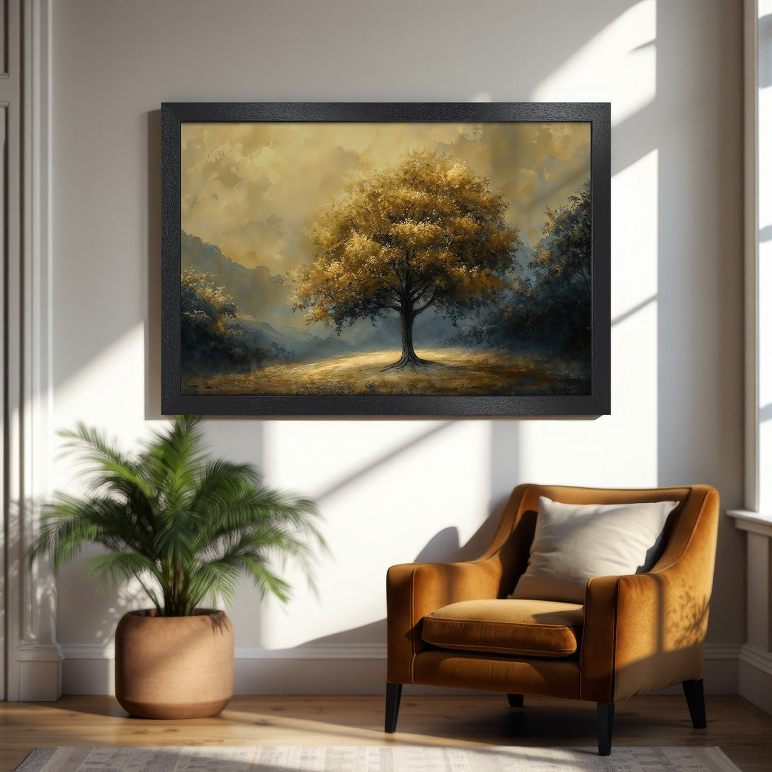Framed Poster of a golden tree landscape in a warm, painterly style. Earthy tones create a cozy, inviting atmosphere.