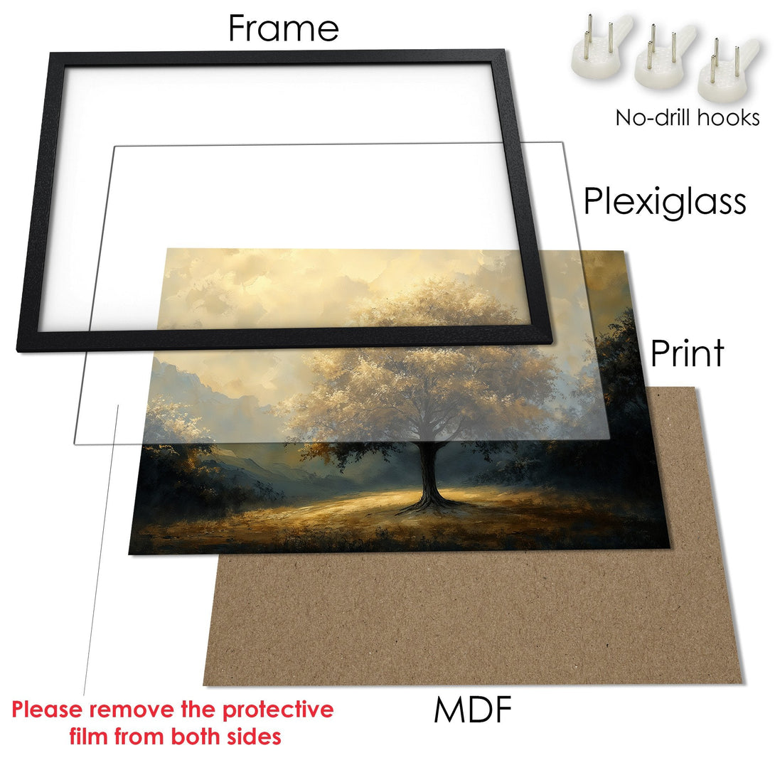 Framed Poster of a serene tree landscape in warm gold and dark green tones. Perfect art for your home!