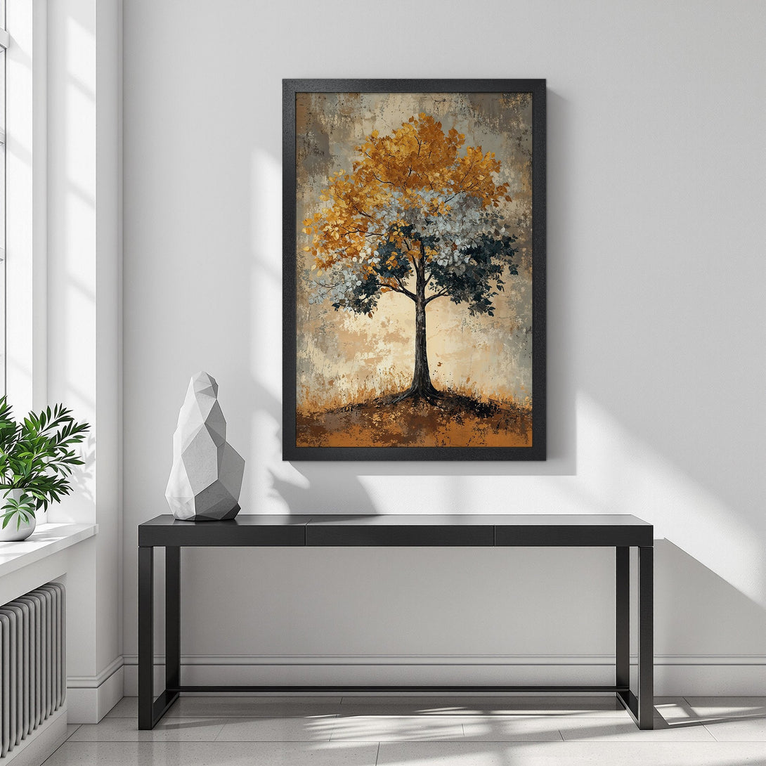 Framed Poster of an abstract tree art print in a warm, earthy color palette. Perfect wall decor for any room.