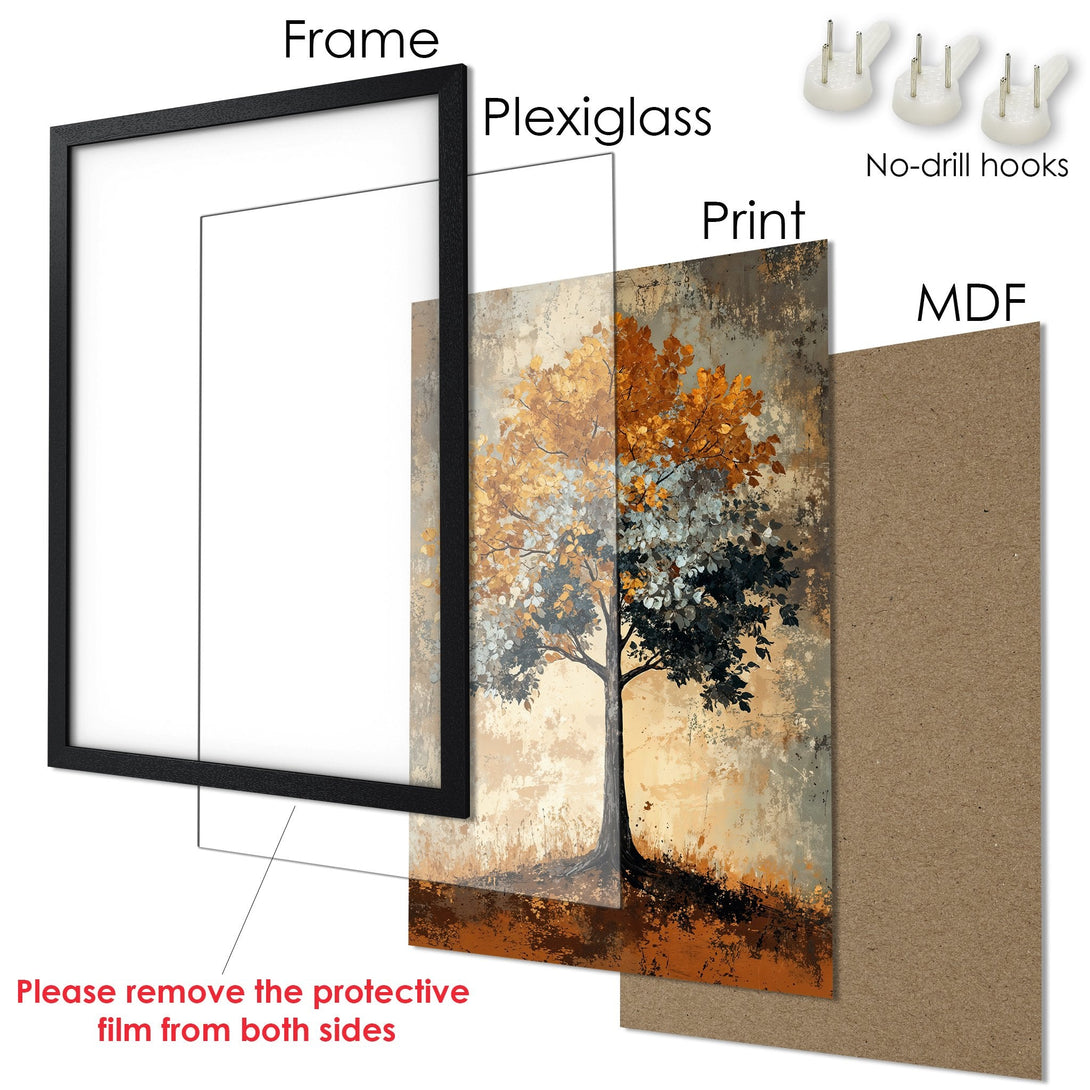 Framed Poster featuring a tree art print in warm, earthy tones. Perfect wall decor for any space.
