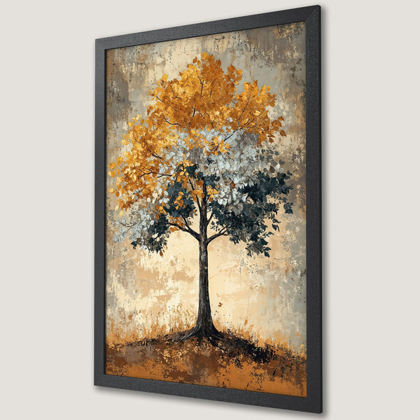 Framed Poster featuring a stylized tree with a warm color palette of gold, gray, and brown, perfect for modern home decor.