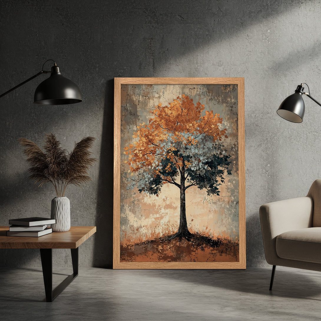 Framed Poster featuring an abstract tree painting in warm orange, blue, and brown tones. Perfect wall art for any home decor style.
