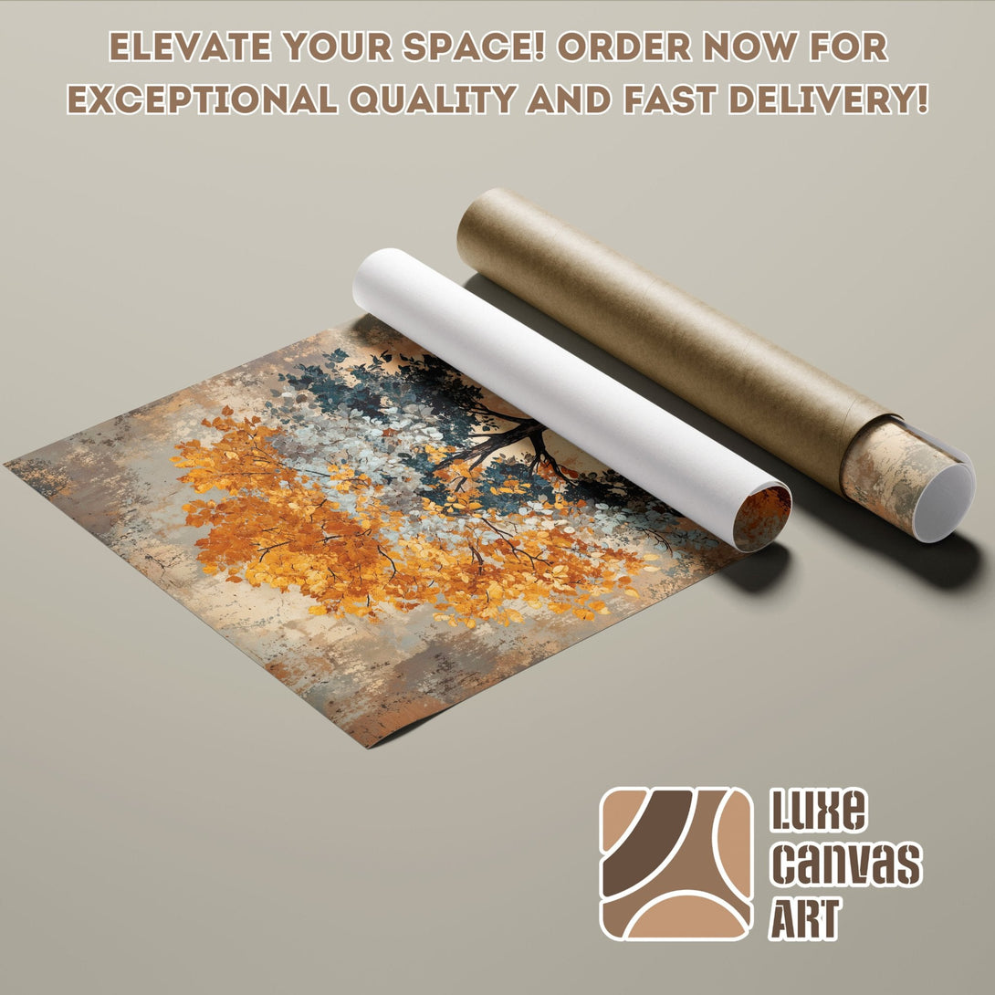 Abstract tree art poster roll in warm orange, blue, and neutral tones. Elevate your space!