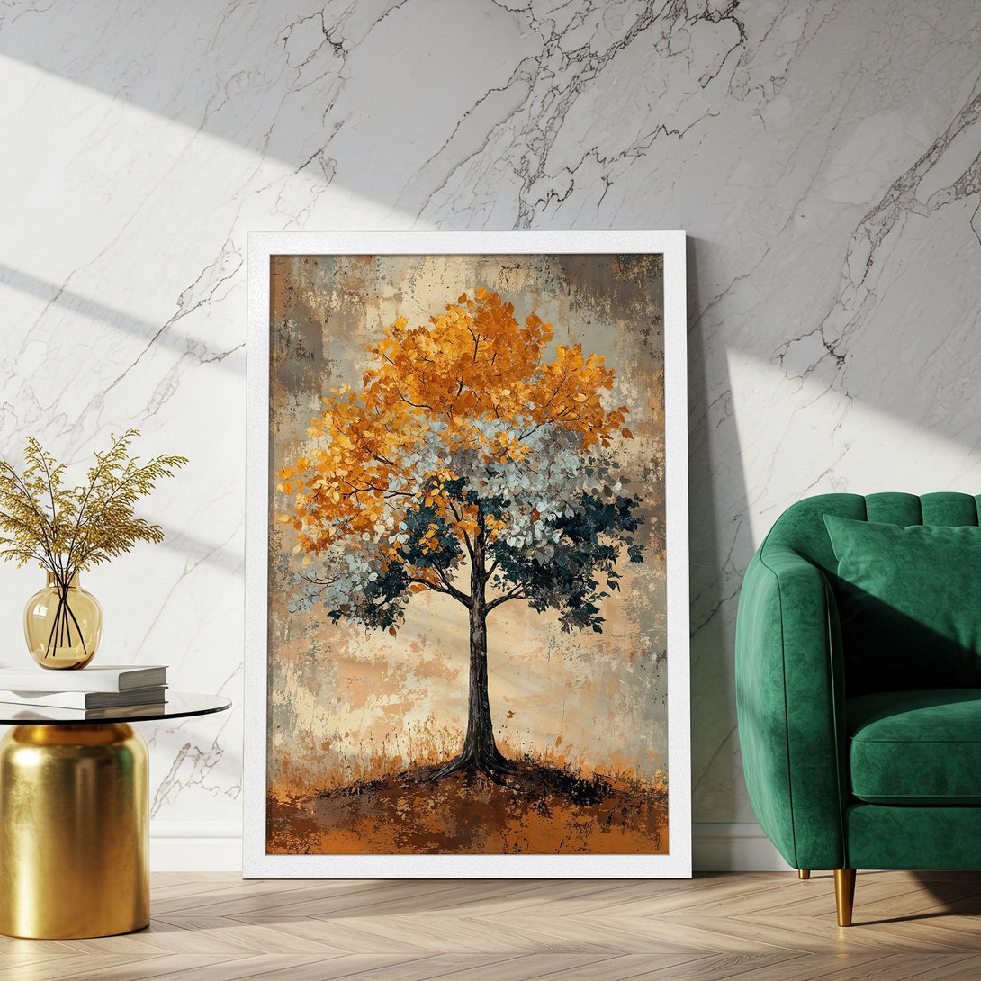 Framed Poster of a tree with an abstract style, featuring warm gold, blue, and brown tones. Perfect wall art for your home!