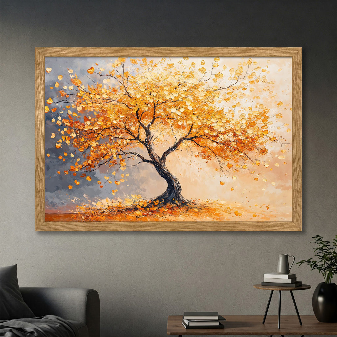 Framed Poster of an autumn tree in impressionist style, featuring a warm orange and gray color palette. Perfect wall art!