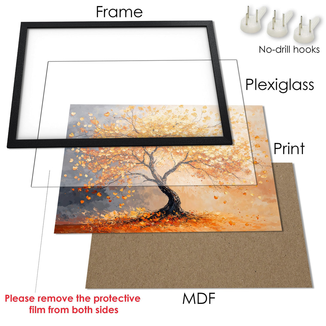 Framed Poster featuring an autumn tree painting. Warm orange and gray color palette. Perfect wall art for your home.