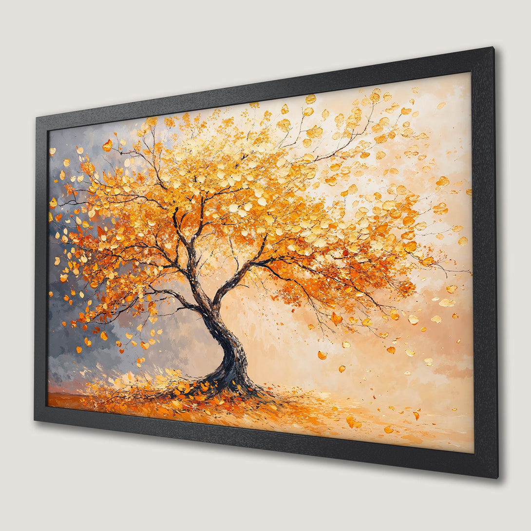 Framed Poster of a vibrant autumn tree. Impressionist style with warm orange, yellow, and gray tones. Perfect wall art!