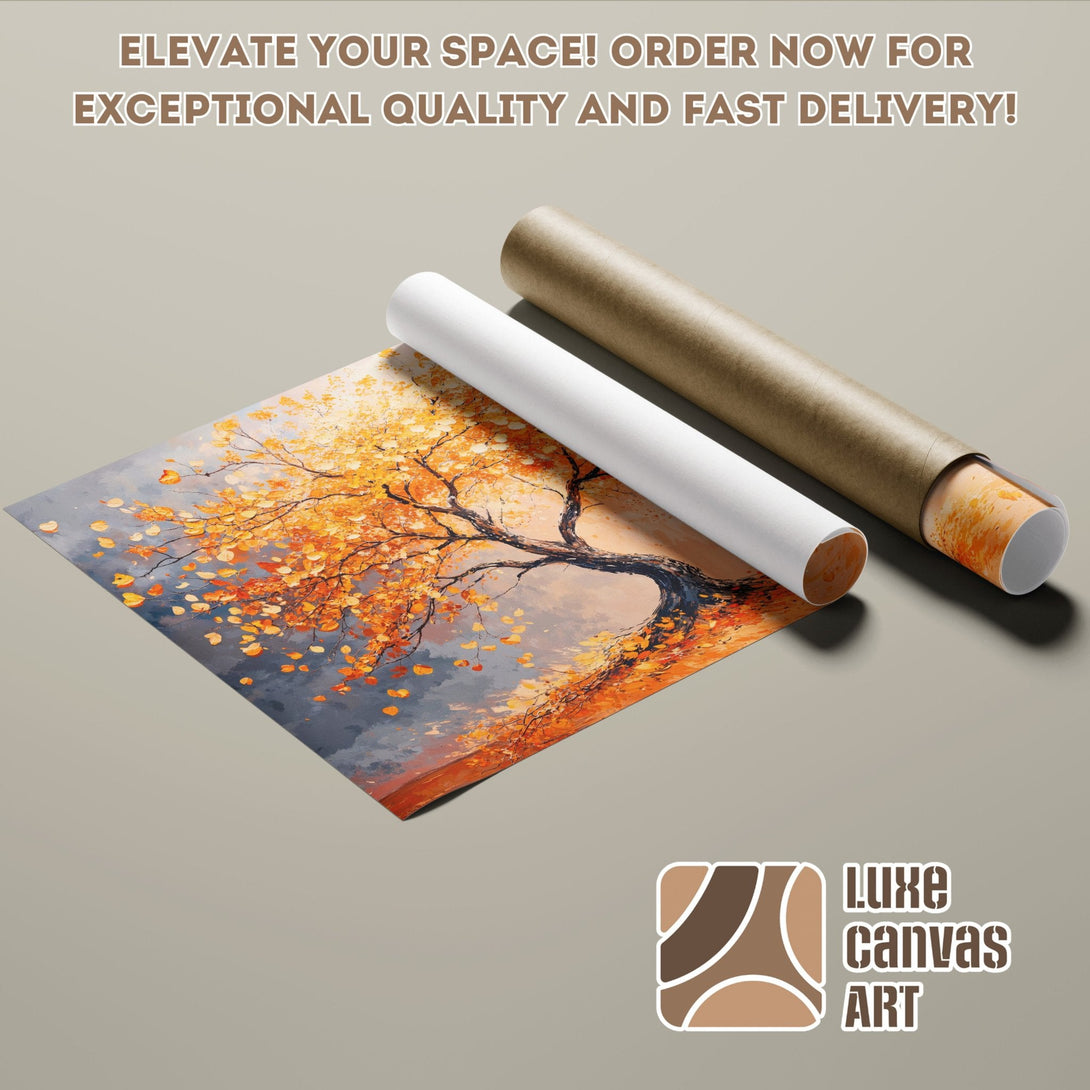 Poster Roll featuring a vibrant autumn tree art print in warm orange and gray tones.