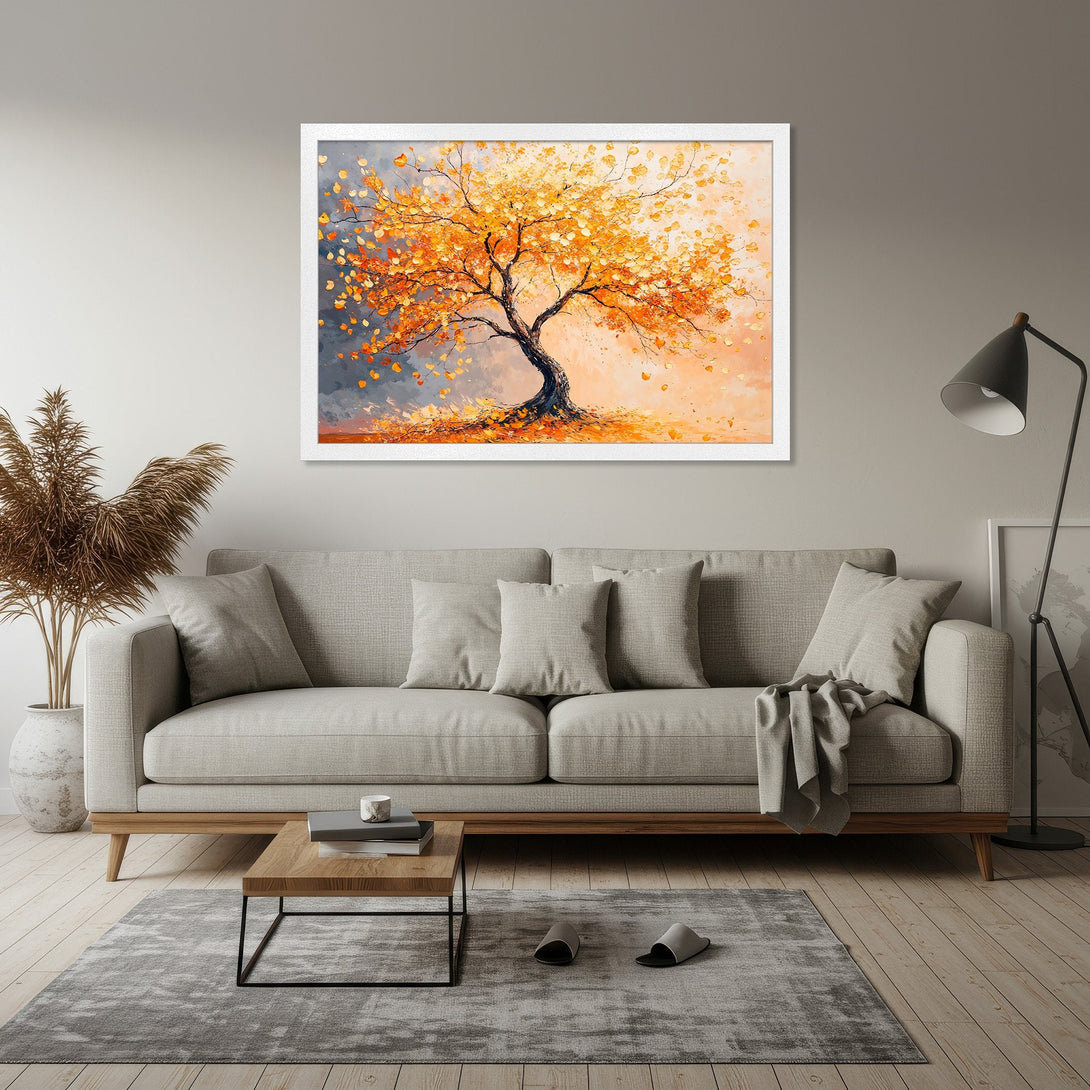 Framed Poster of a vibrant autumn tree in warm orange and yellow tones, perfect for adding a touch of nature to your home decor.