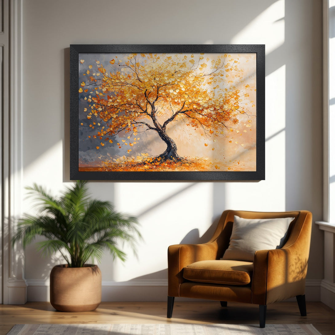 Framed Poster featuring an abstract tree in warm yellow and orange tones. Artistic style, perfect for home decor.