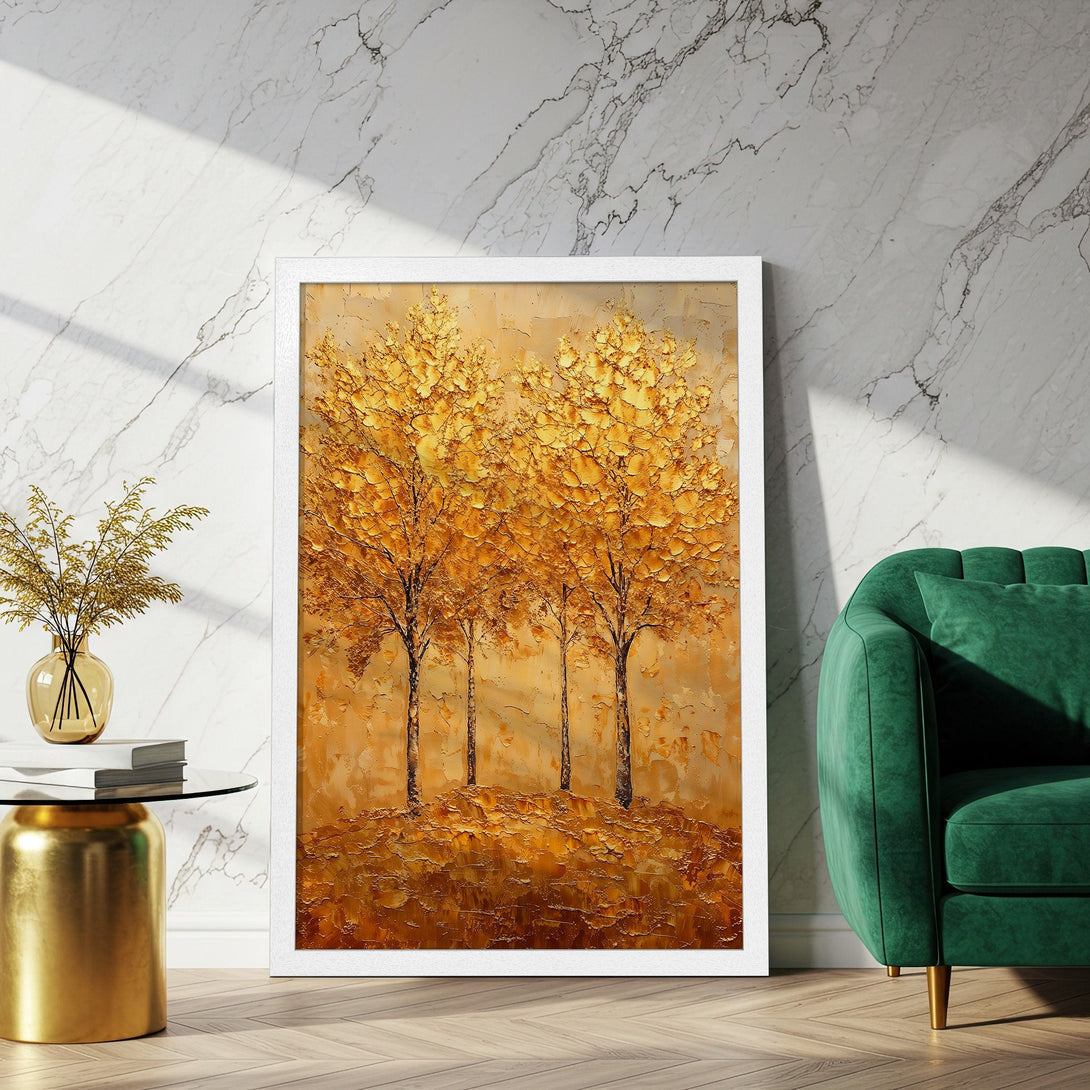 Framed Poster featuring golden trees in a textured, impressionistic style. Warm, earthy color palette perfect for living room decor.