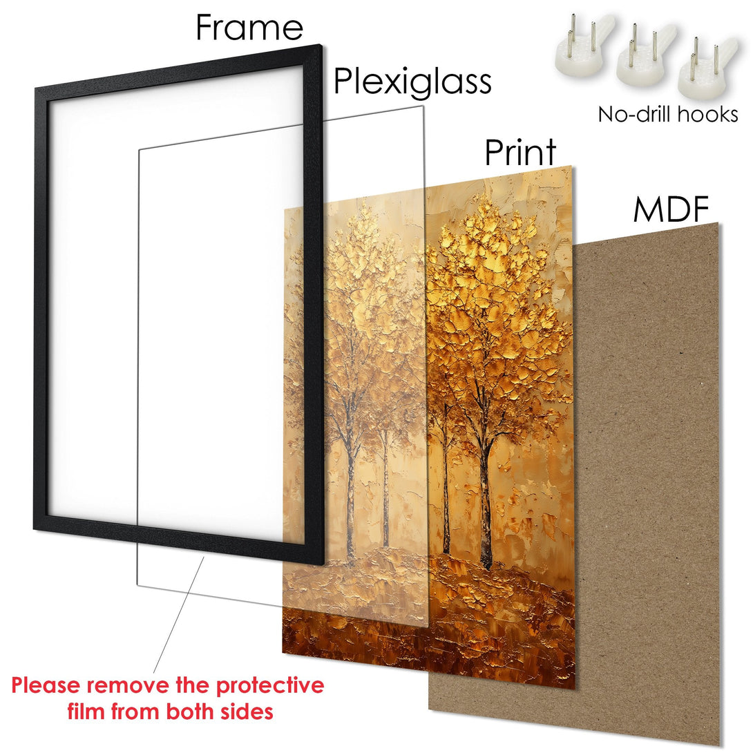 Framed Poster of golden trees. Textured art print in warm gold and brown tones. Ready to hang wall decor.