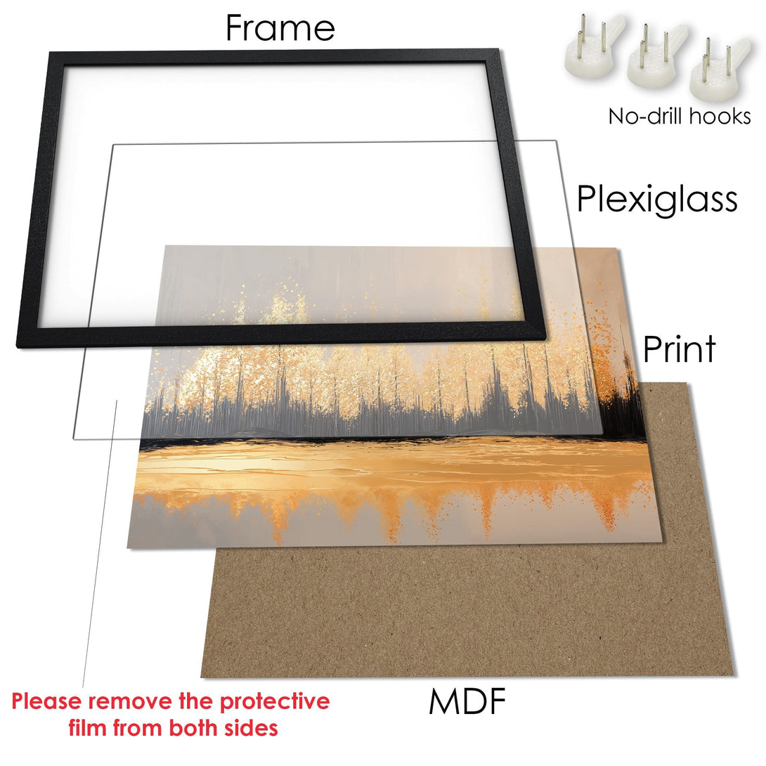 Framed Poster featuring an abstract landscape in warm gold and gray tones. Modern art print for your home decor.