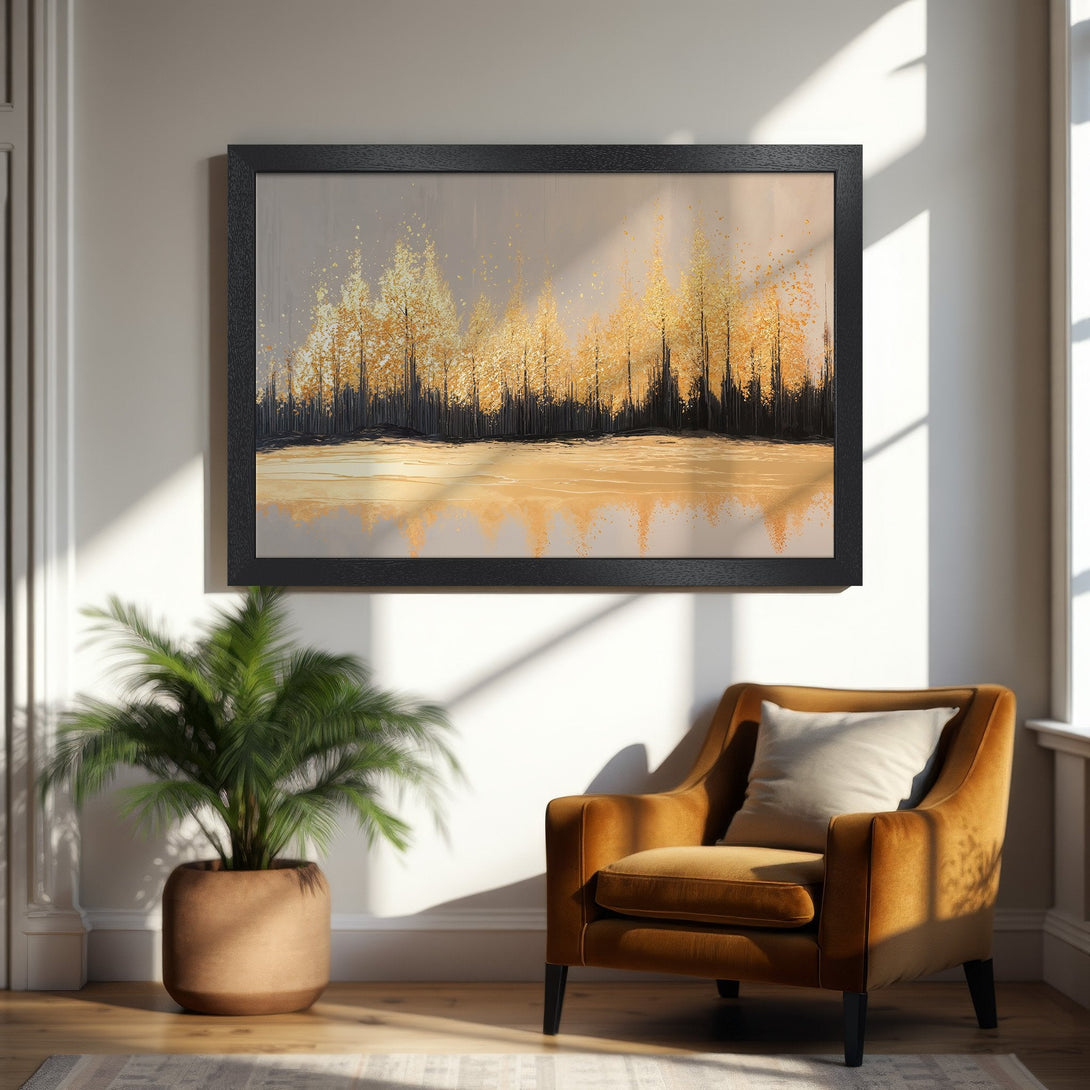 Framed Poster of golden trees in a modern style, with a warm, neutral color palette. Perfect wall art for your home!