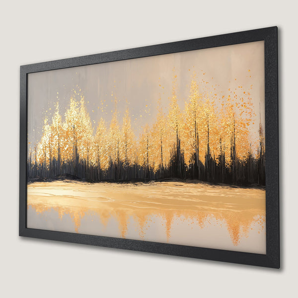 Framed Poster: Abstract landscape art with gold trees, neutral color palette. Perfect wall decor for a modern home.