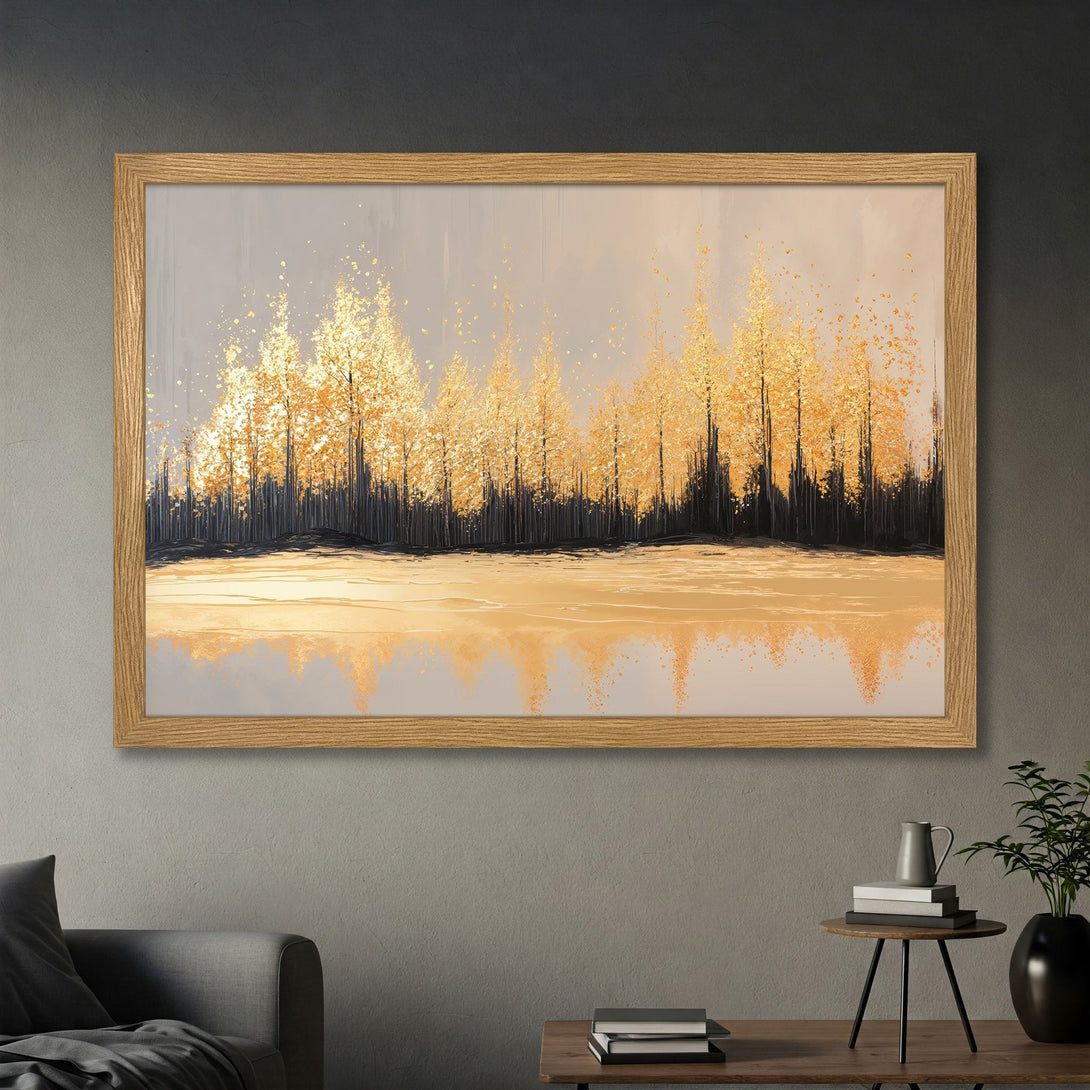 Framed Poster featuring golden forest art, abstract style, warm gold and gray color palette, perfect wall decor.