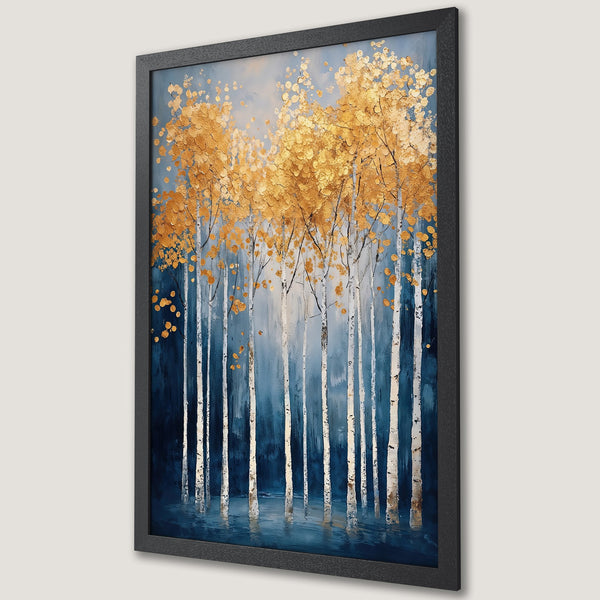 Framed Poster featuring gold leaf trees against a blue backdrop. Modern art style with a calming color palette. Perfect wall decor.