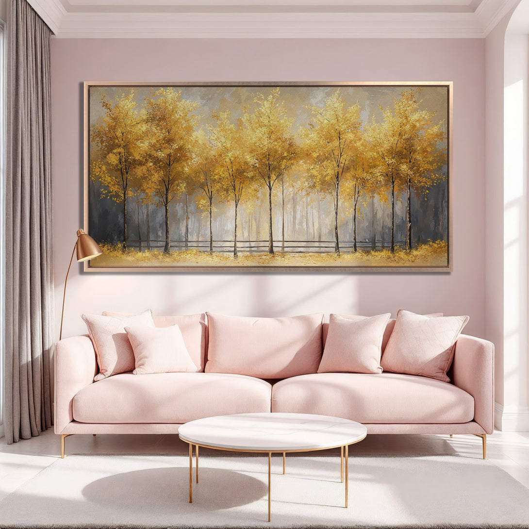 Framed Wall Art: Autumn landscape Canvas Print with golden trees. Warm color palette of yellow, gold, and gray. Perfect for living room decor.