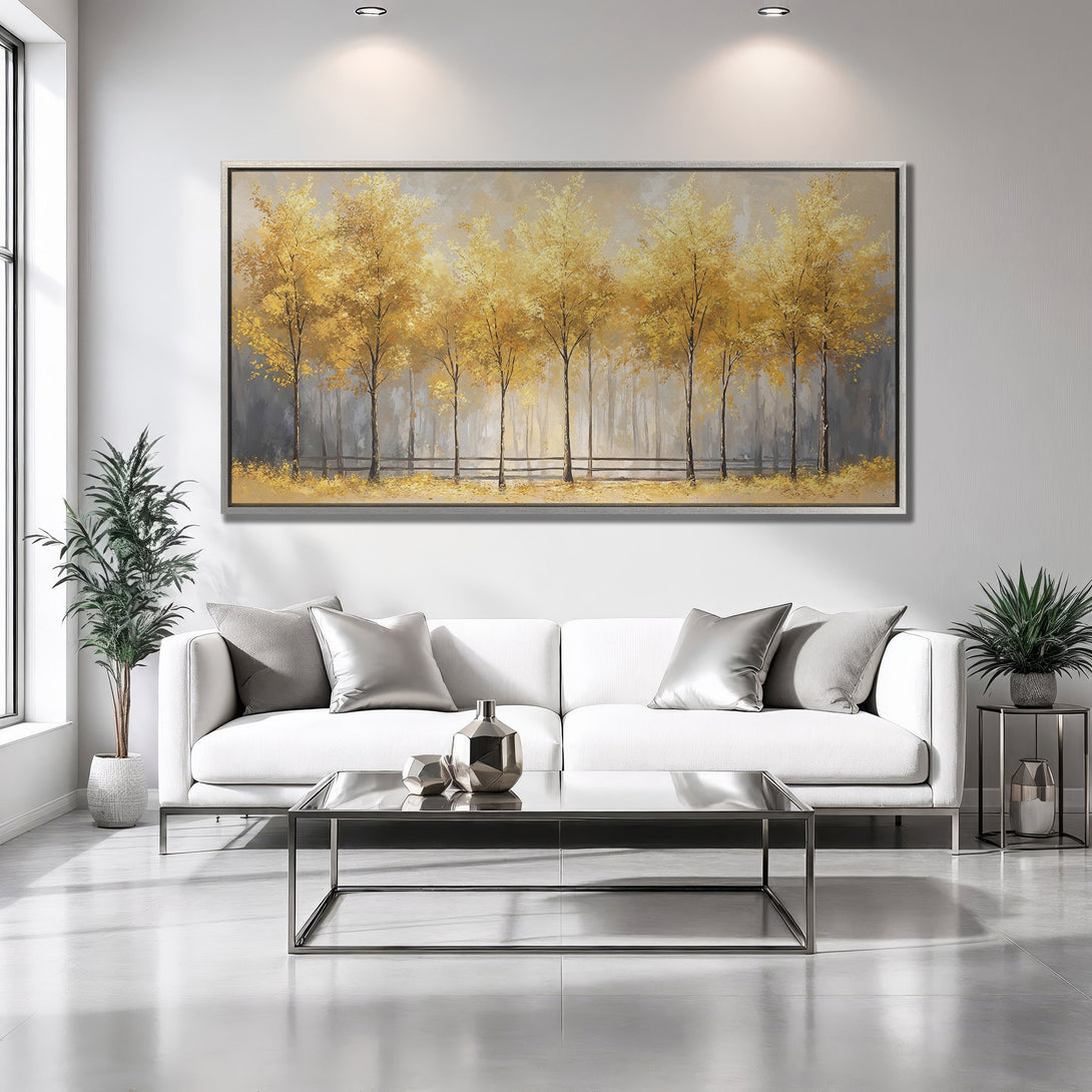 Framed Wall Art of golden trees in a modern interior. Warm yellow and gray tones create a serene atmosphere. Perfect for living room decor!