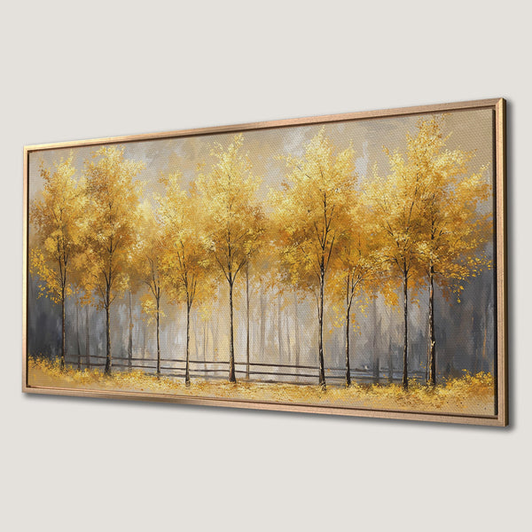 Framed Wall Art: Autumn forest landscape painting with golden trees. Impressionistic style, warm yellow and gray color palette. Perfect for home decor.