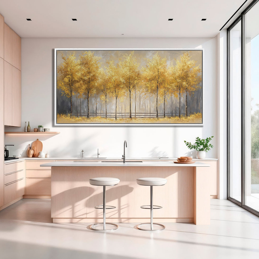 Framed Wall Art: Stunning landscape painting of golden trees. Adds warmth to any space. Neutral color palette. Perfect for kitchen decor.
