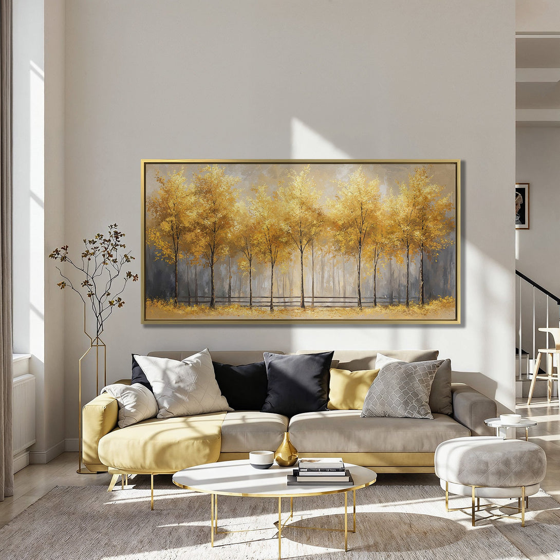 Canvas Print of golden autumn trees in a warm, inviting interior. Features a rich yellow and gray color palette, perfect for adding a touch of nature.