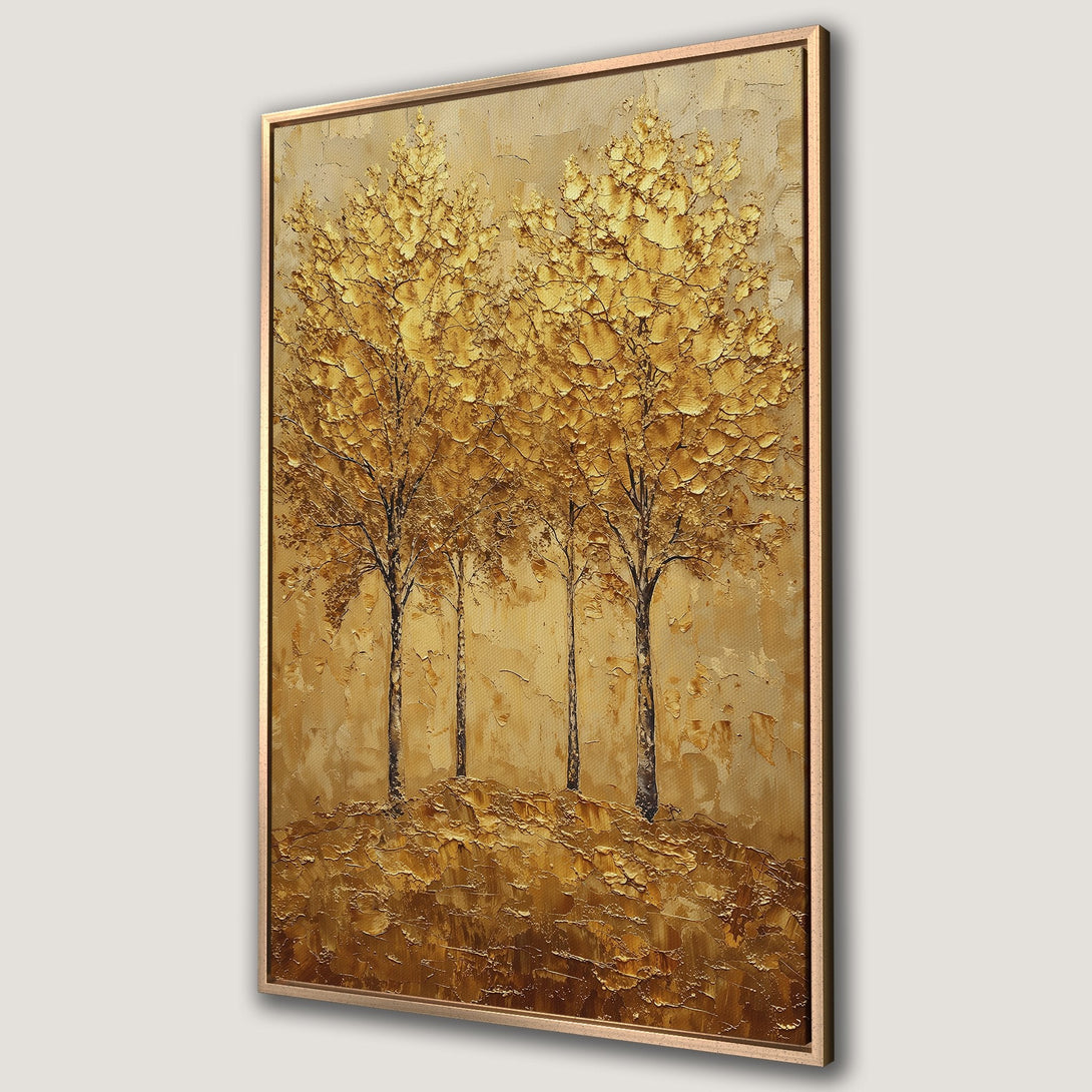 Framed Wall Art: Textured gold trees painting. Modern, abstract art with a warm, neutral color palette. Perfect for adding elegance to any space.