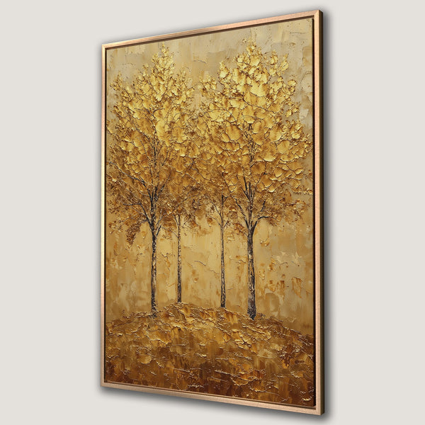 Framed Wall Art: Textured gold trees painting. Modern, abstract art with a warm, neutral color palette. Perfect for adding elegance to any space.
