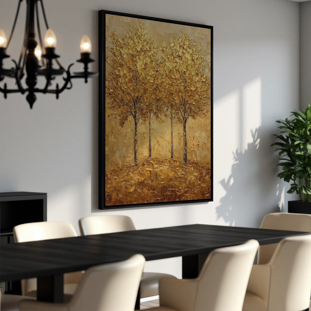 Framed Wall Art: Textured gold trees on a canvas print. Adds warmth and elegance to any dining room. Earthy tones and modern style.