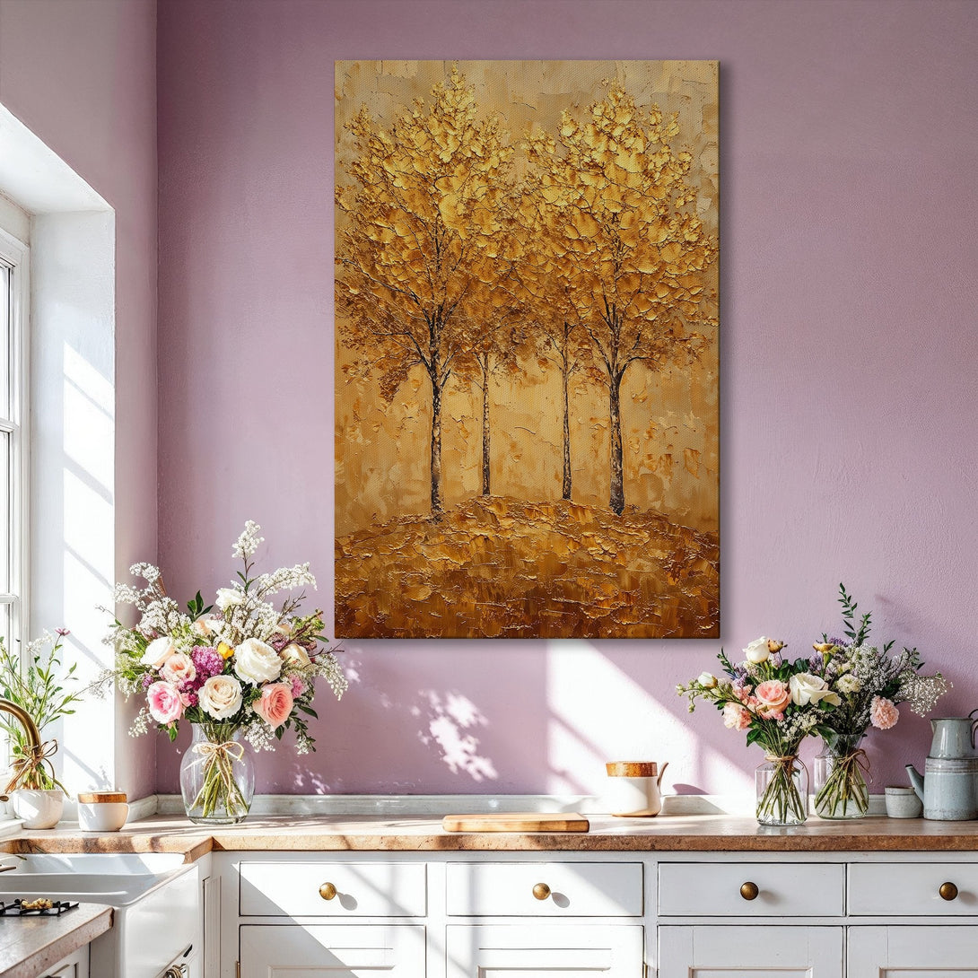 Framed Wall Art: Textured gold tree painting in a modern living room. Earthy tones and warm color palette. Elevate your space with this stunning artwork.