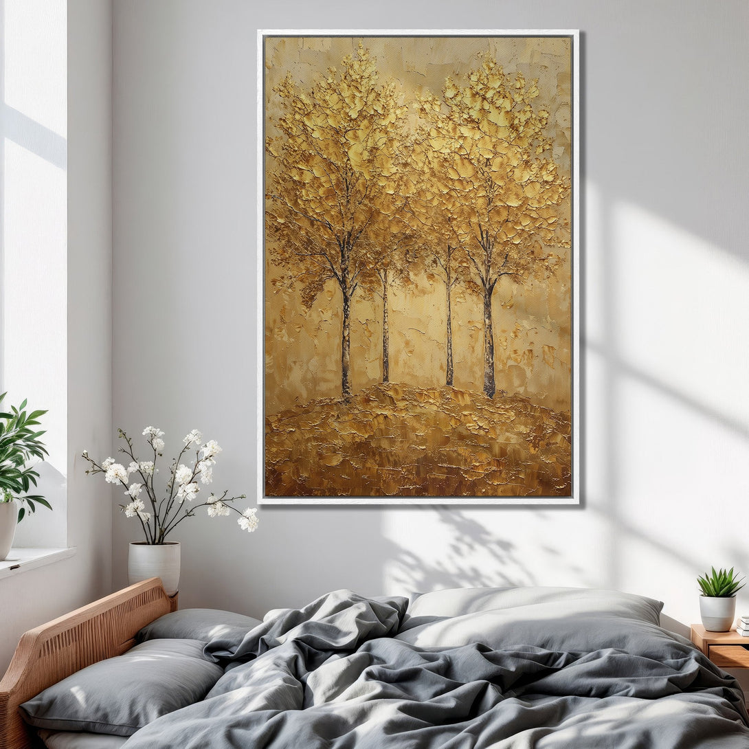 Framed Wall Art: Textured gold tree painting adds warmth to bedroom decor. Earthy tones and modern style create a serene and inviting space.