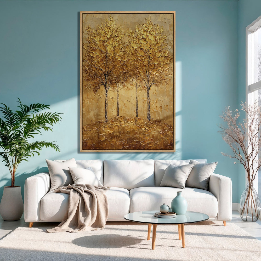 Framed Wall Art: Textured gold trees on a canvas print, displayed in a modern living room with a serene blue and neutral color palette.