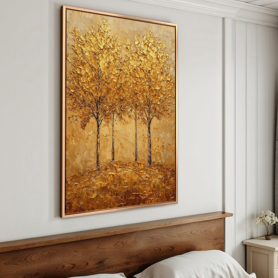 Framed Wall Art: Textured gold tree painting. Modern abstract art with warm, earthy tones. Perfect for bedroom or living room decor.